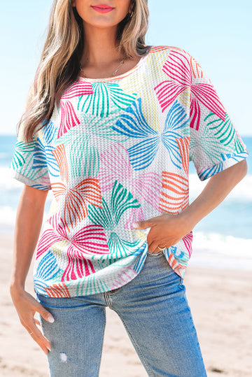 Multicolour Bowknot Printed Waffle Crewneck Loose Short Sleeve Top