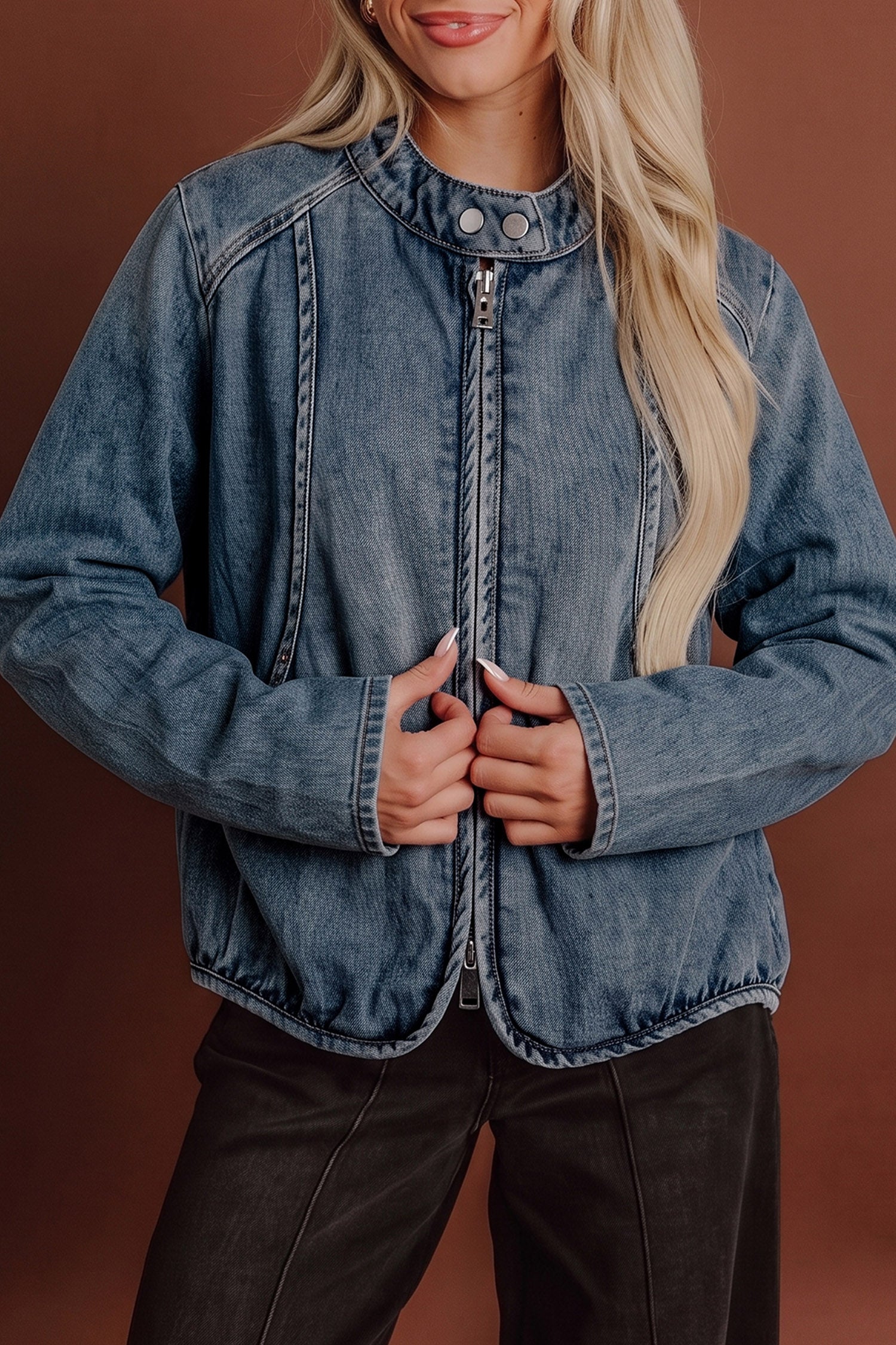 Navy Blue Button Collar Zip Up Vintage Washed Denim Jacket