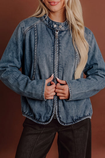 Navy Blue Button Collar Zip Up Vintage Washed Denim Jacket