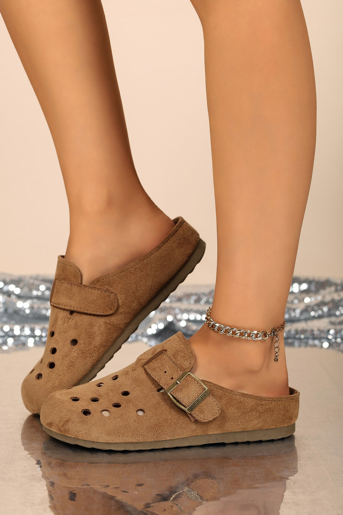 Coffee Faux Suede Retro Buckle Hollow Out Casual Mules Slippers