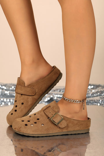 Coffee Faux Suede Retro Buckle Hollow Out Casual Mules Slippers