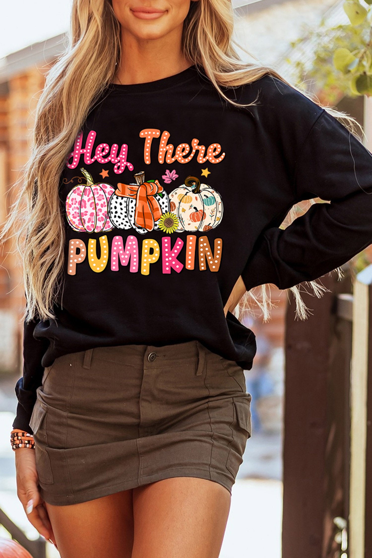Black Cozy Autumn Pumpkin Print Relaxed Pullover Sweatshirt