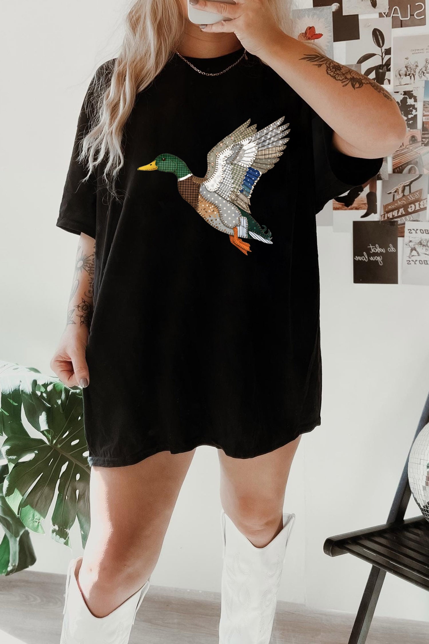 Black Western Mallard Duck Print Oversized Tunic Tee