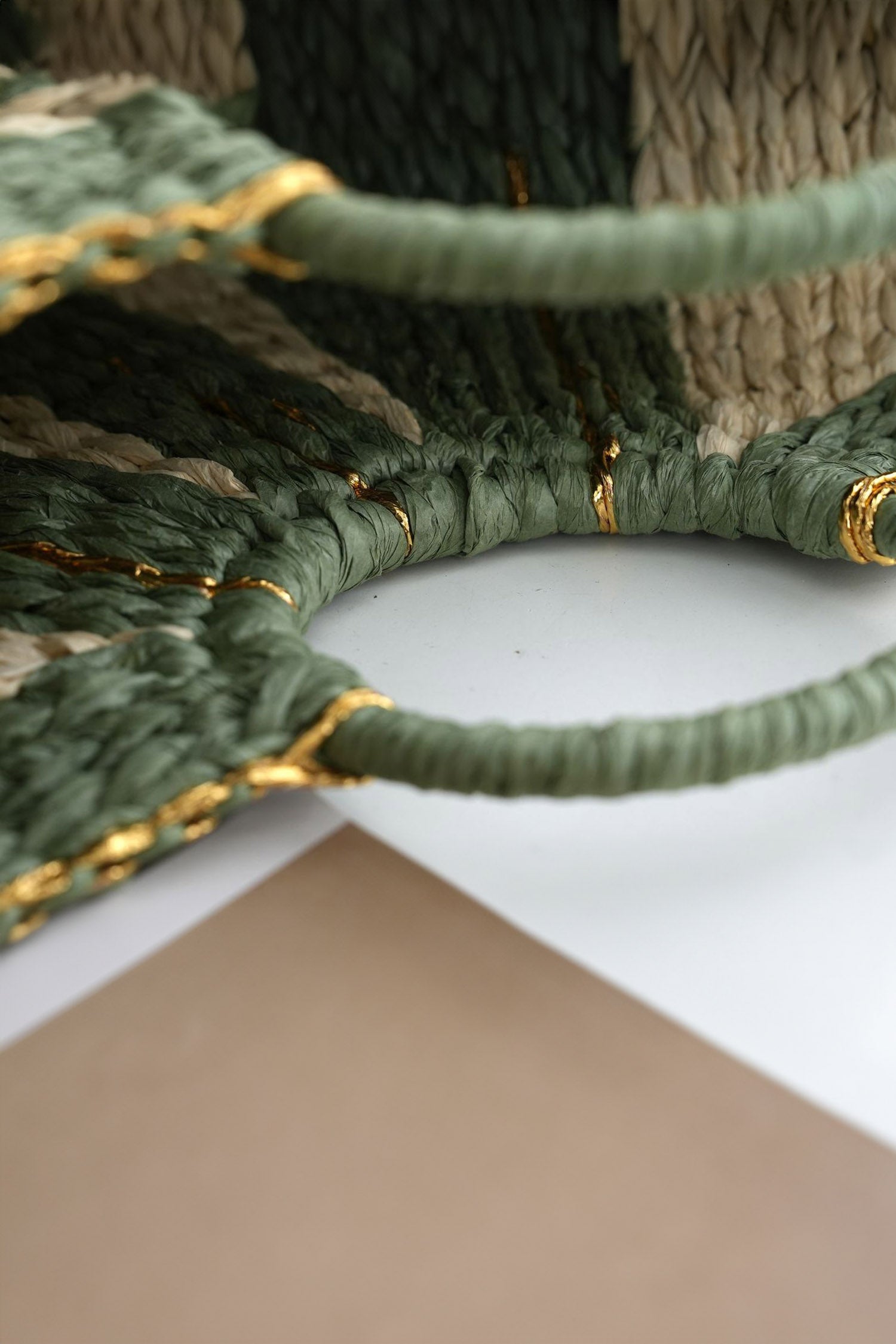 Guacamole Green Gold Trim Color Block Handwoven Straw Tote Bag