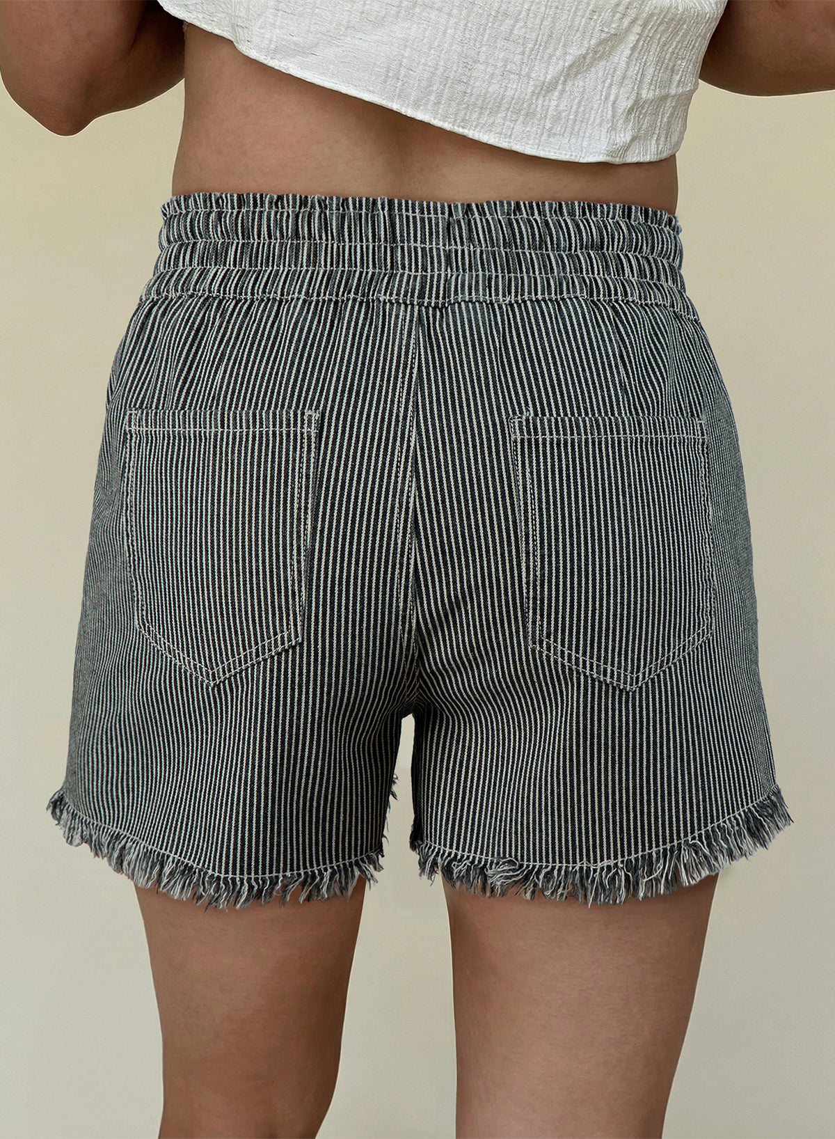 Black Stripe Raw Edge Drawstring Elastic Waist Casual Denim Shorts