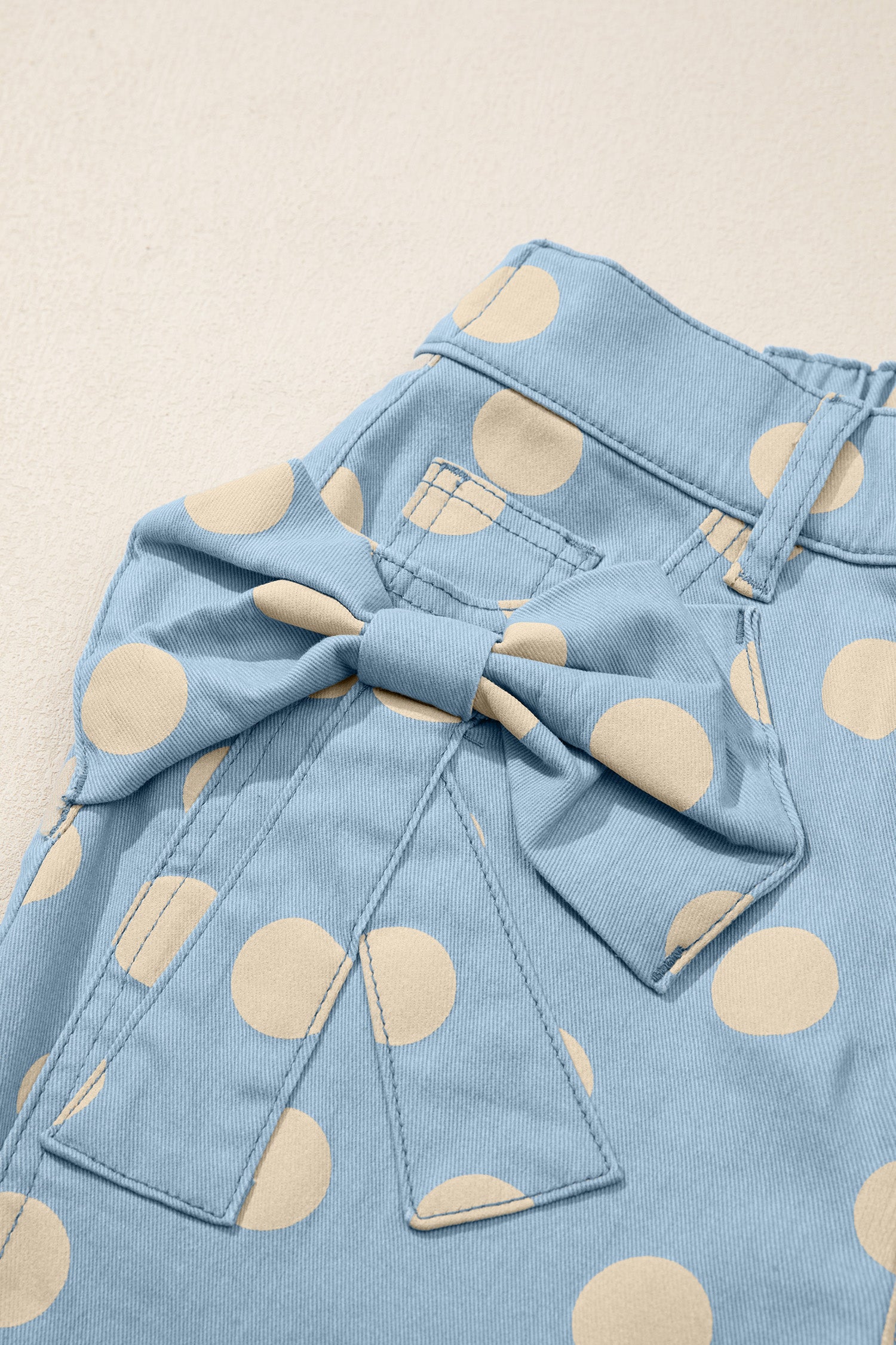 Sky Blue Polka Dot Print Bow Detail Pocketed Jeans