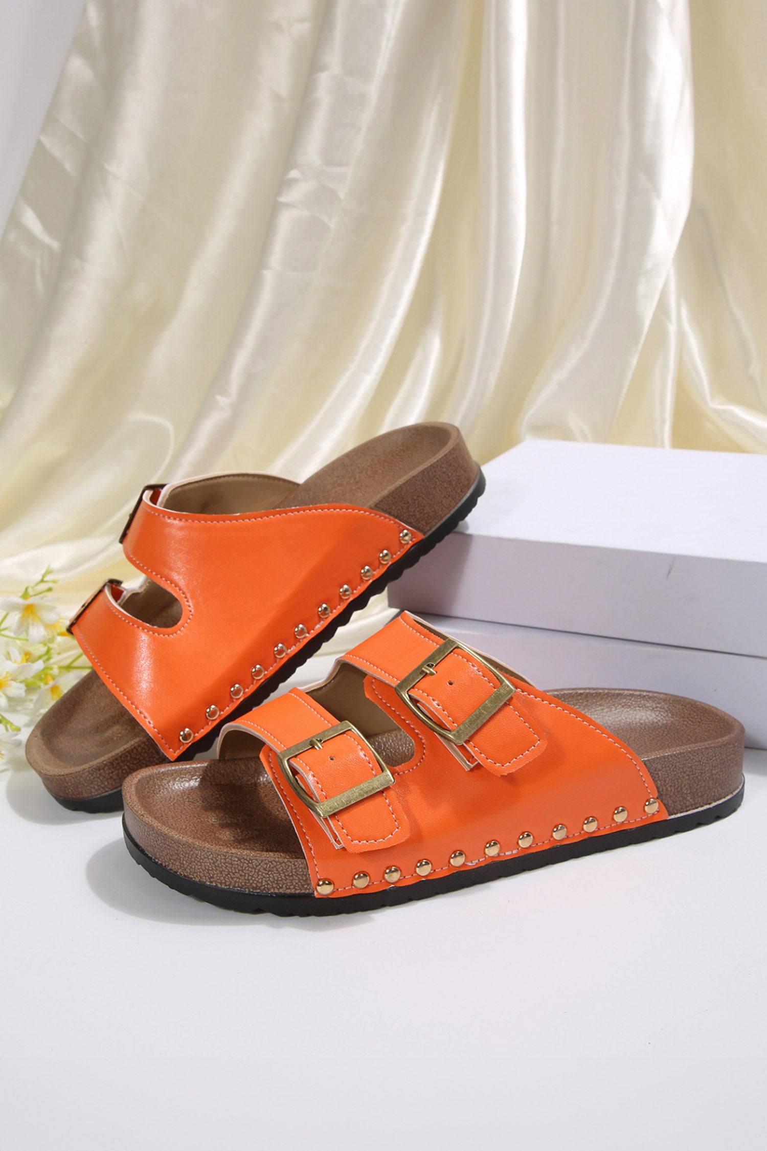Orange Retro Buckle Cutout Straps PU Leather Studded Slippers