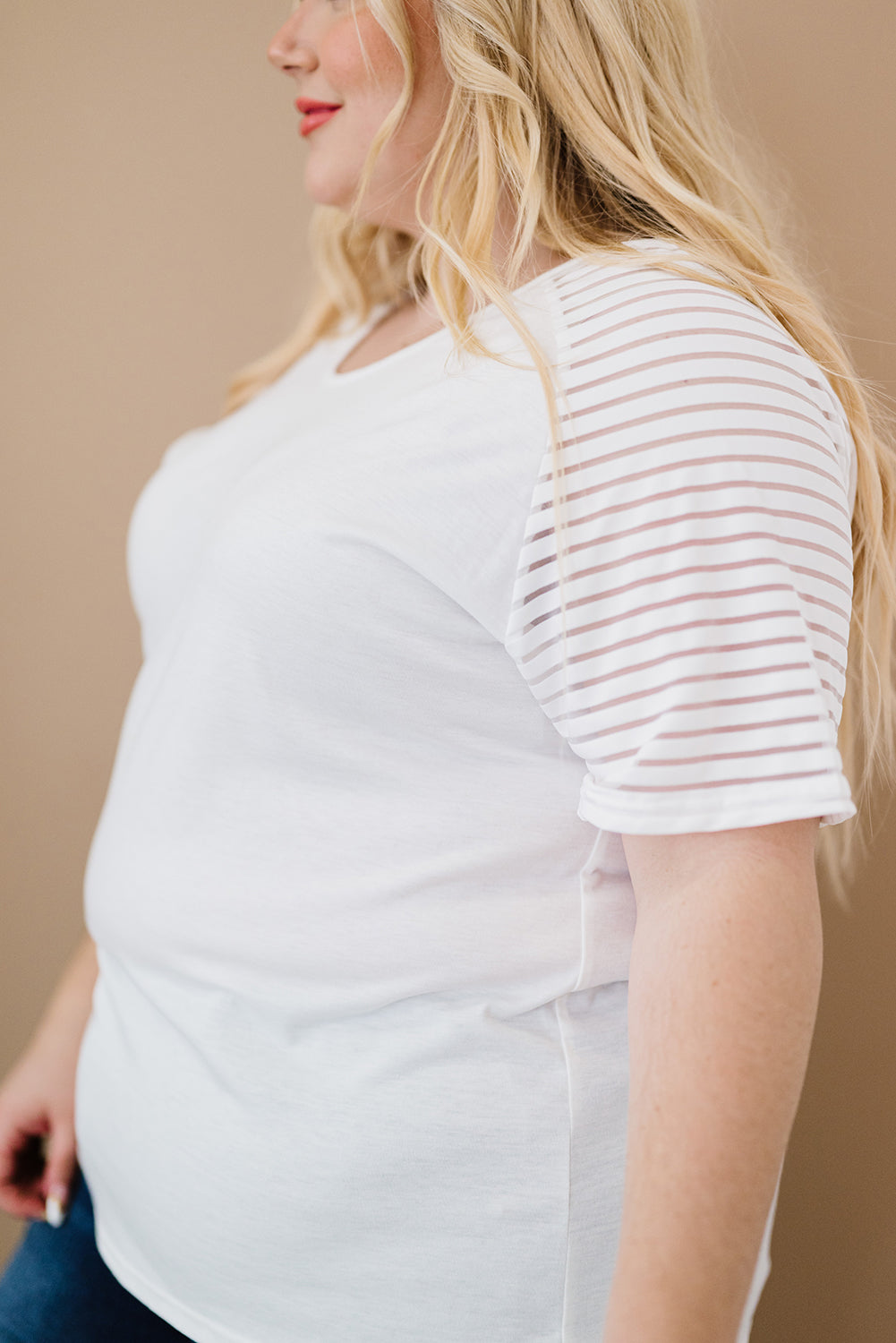 White Striped Raglan Sleeve Plus Size Tee