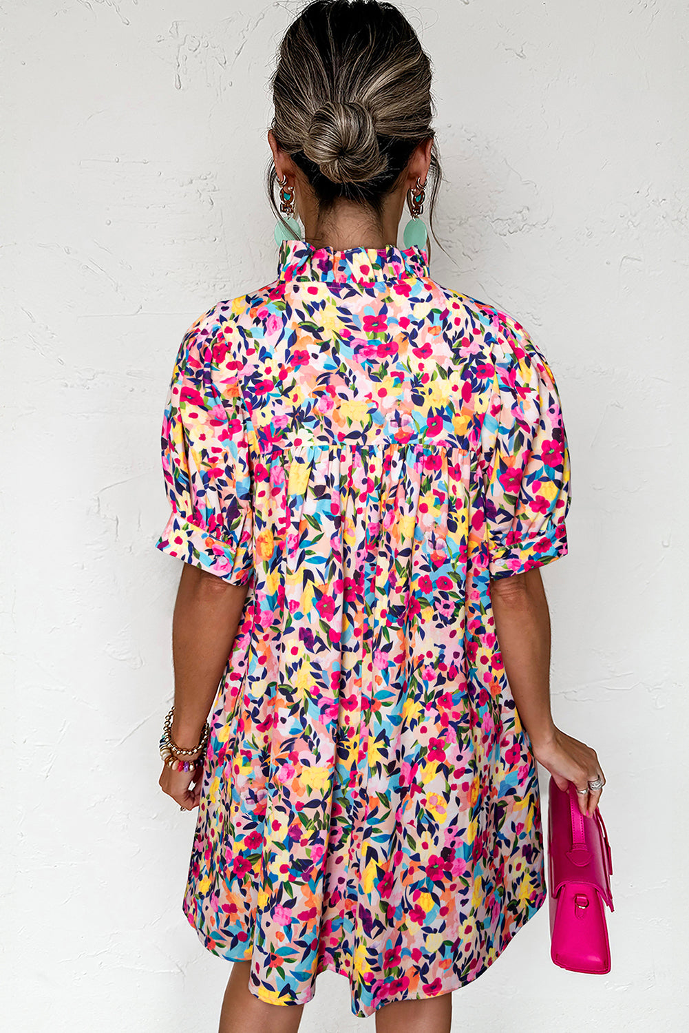 Pink Floral Puff Short Sleeve V Neck Mini Dress