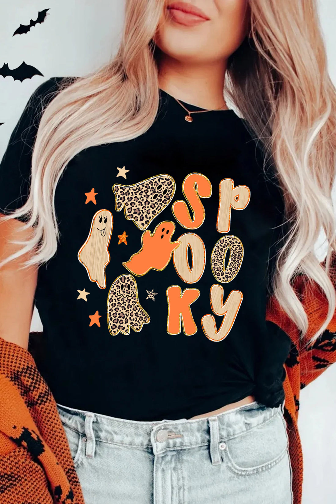 Black Halloween Spooky Ghost Print Short Sleeve Casual Graphic T-Shirt