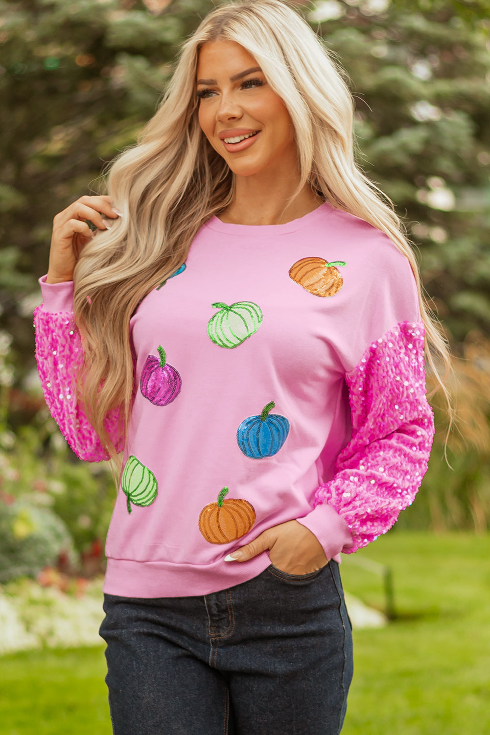 Pink Sequin Sleeve Pumpkin Pattern Thanksgiving Halloween Patchwork Pullover Top