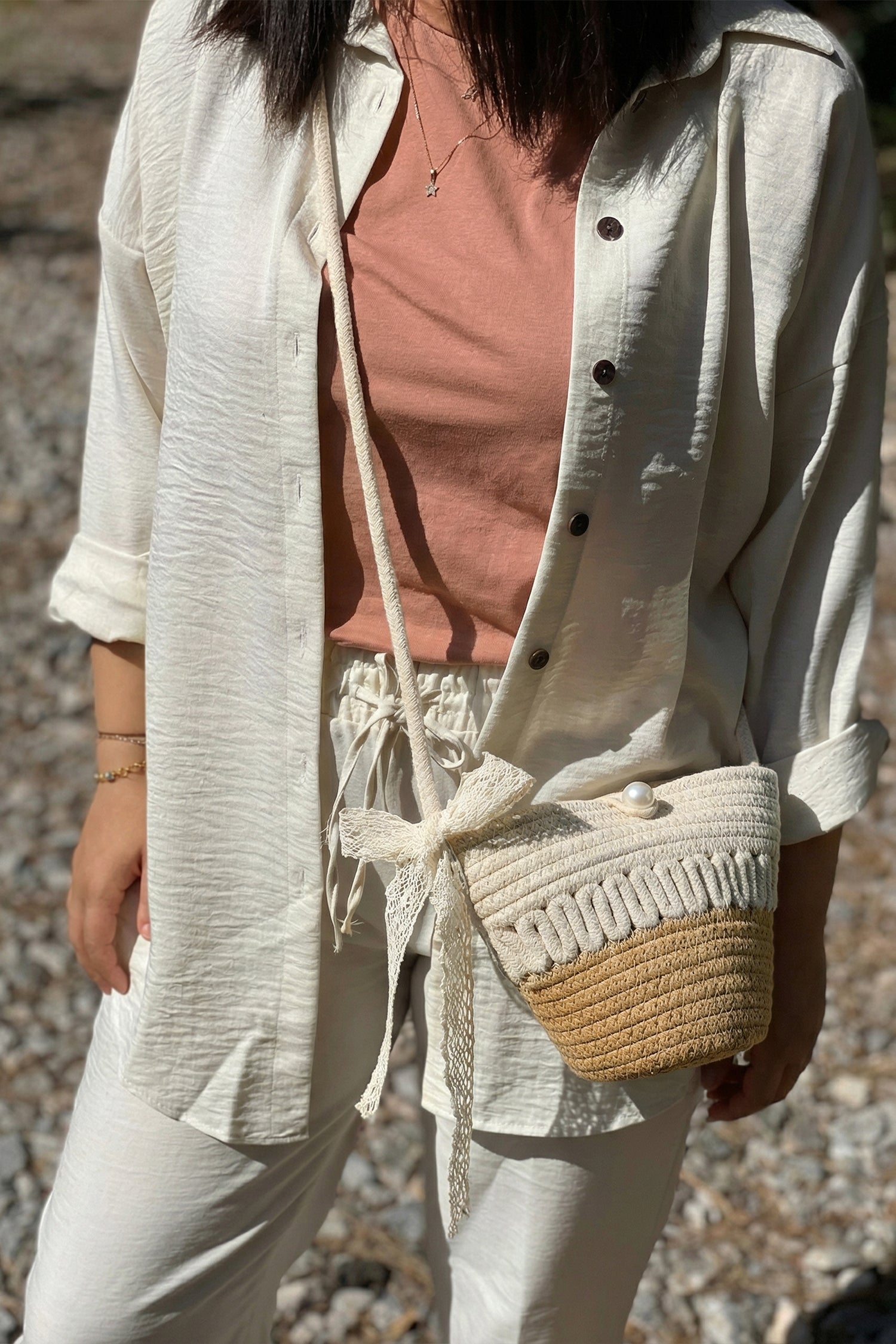 Light French Beige Crochet Bucket Bag with Lace Bow and Pearl Detail