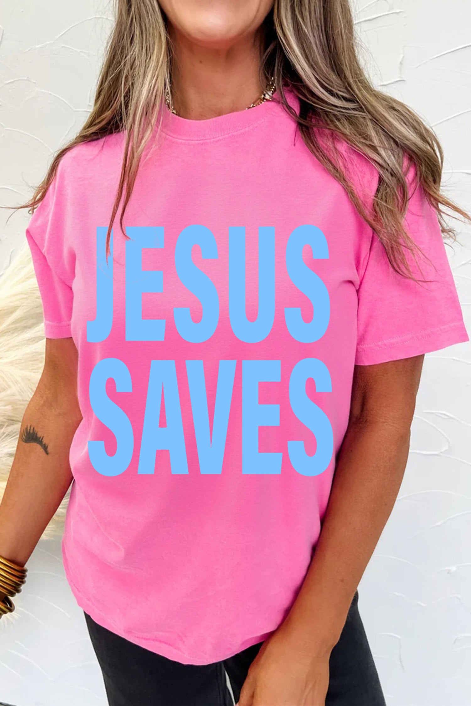 Sachet Pink JESUS SAVES Heat Transferring Print Graphic T Shirt