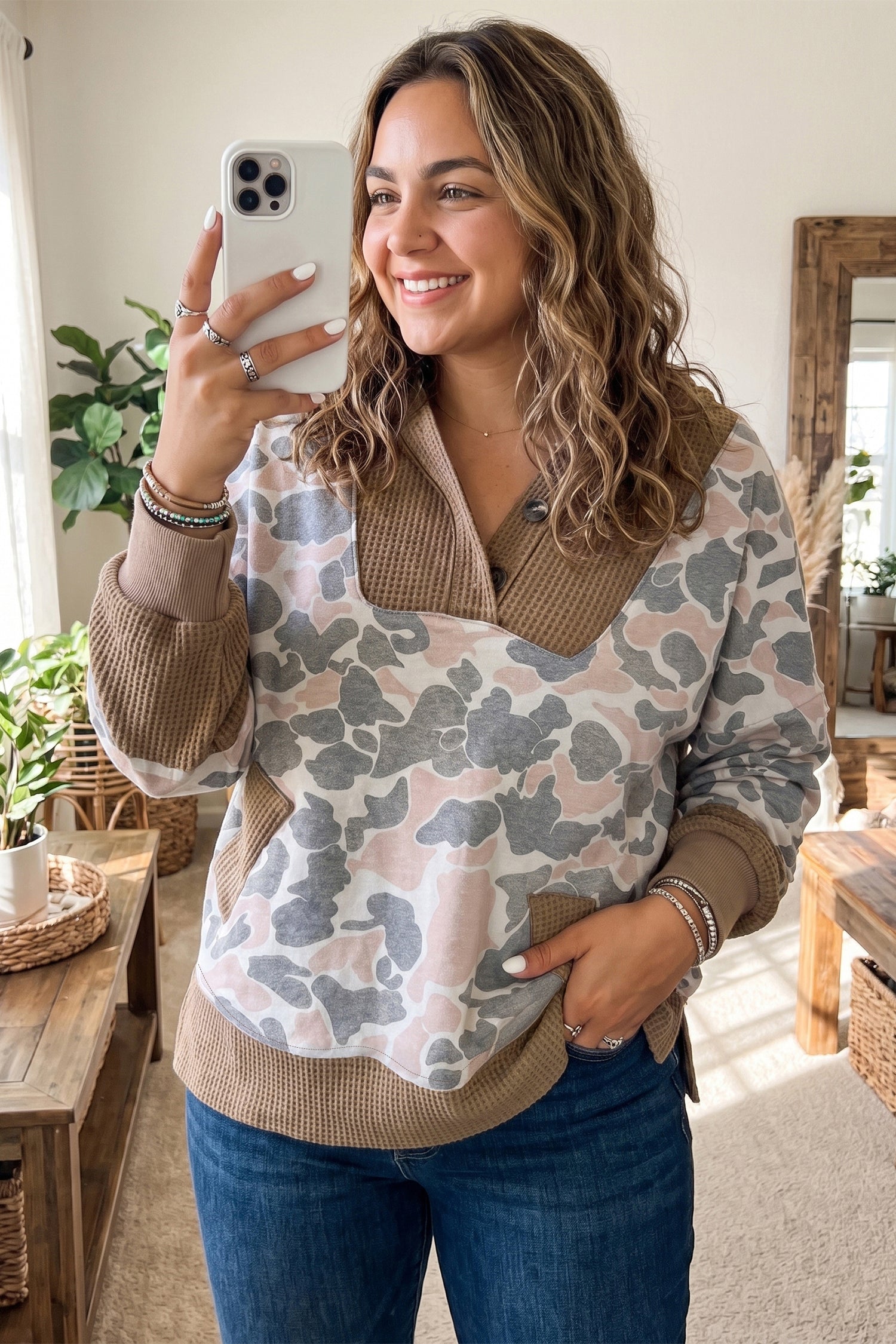 Khaki Camouflage Print Waffle Knit Patchwork Half Zip Plus Size Hoodie