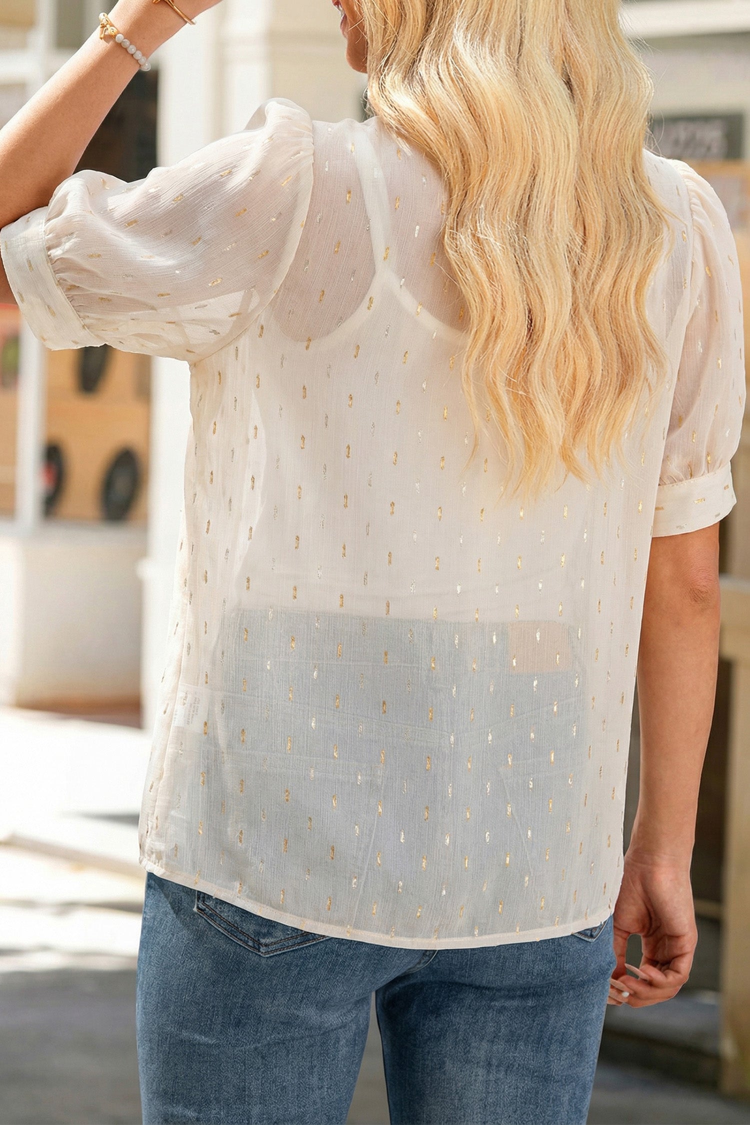 Beige Metallic Jacquard Short Sleeve Shirt