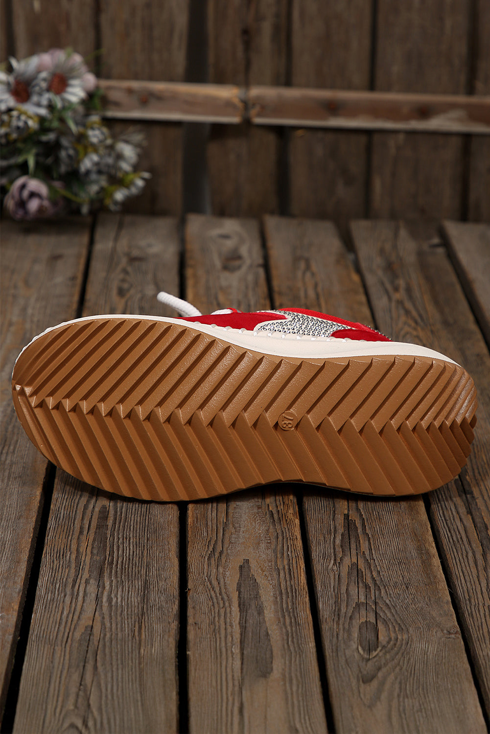 Fiery Red Rhinestone Embellished Color Block Patchwork Lace-up Breathable Sneakers