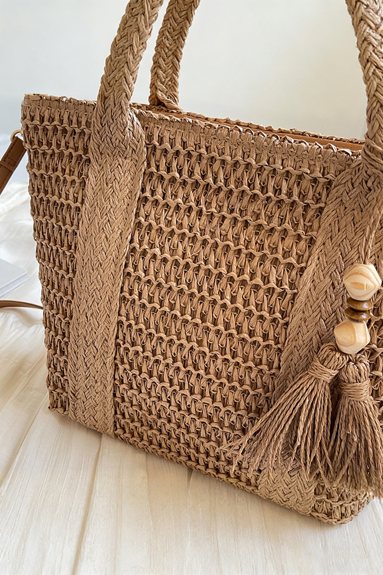Light French Beige Rattan Woven Beach Vacation Shoulder Tote Bag
