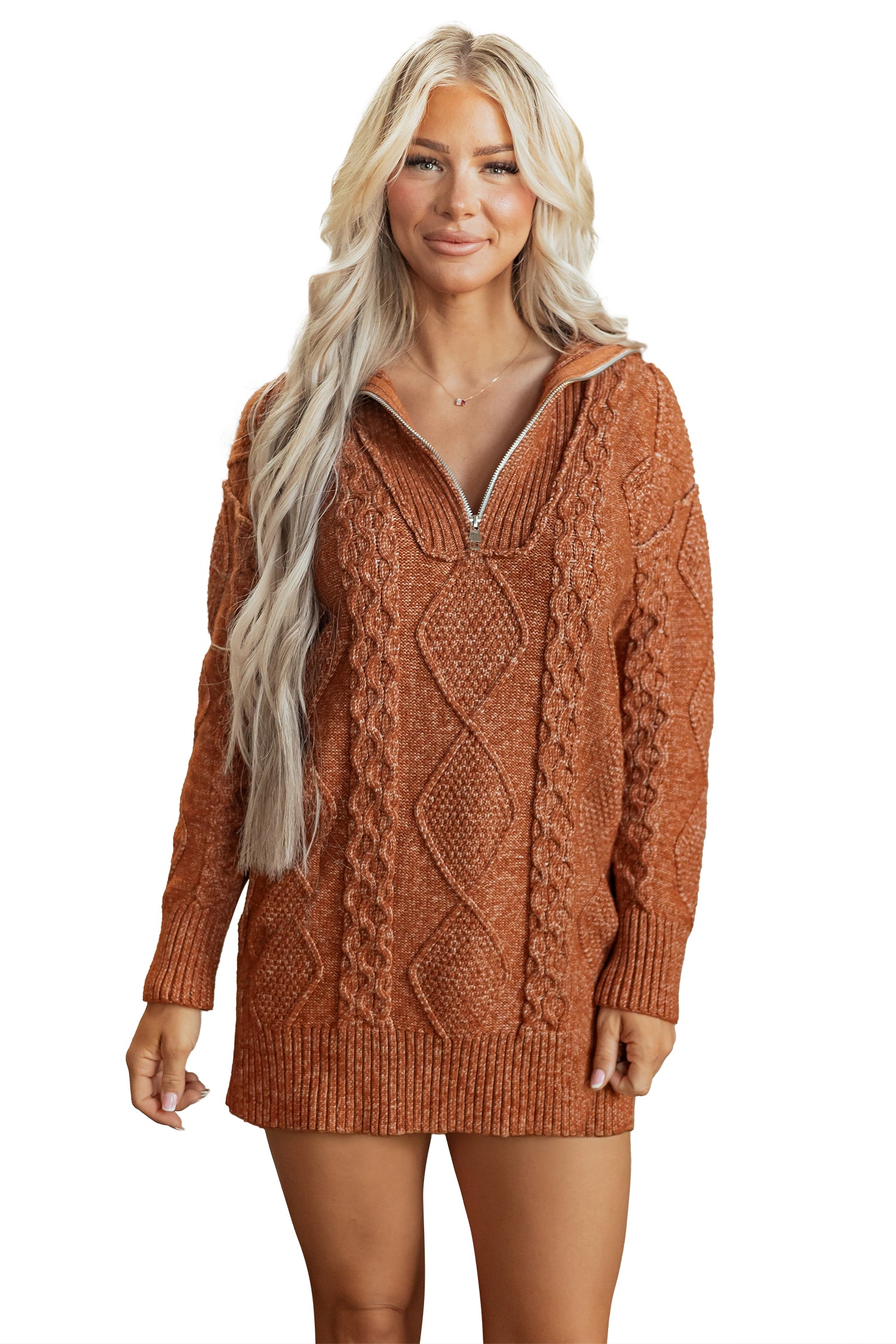 Clay Zip-Up Cable Knit Drop Shoulder Sweater Dress