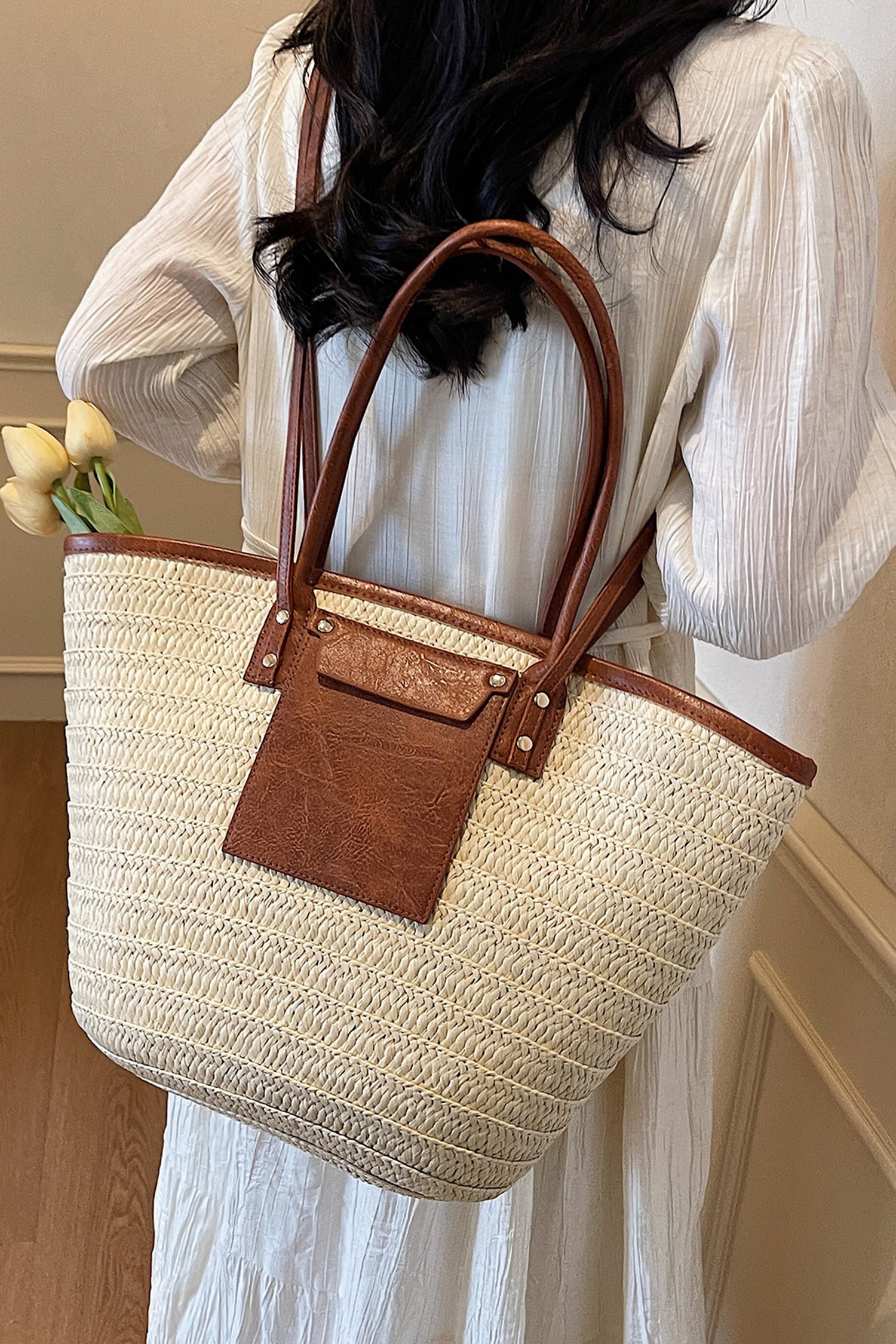 White Boho Straw Leather Accents Beach Travel Tote Bag