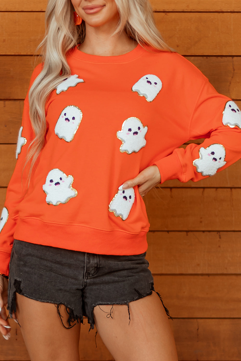 Orange Halloween Ghost Cute Patched Pattern Holiday Sweatshirt
