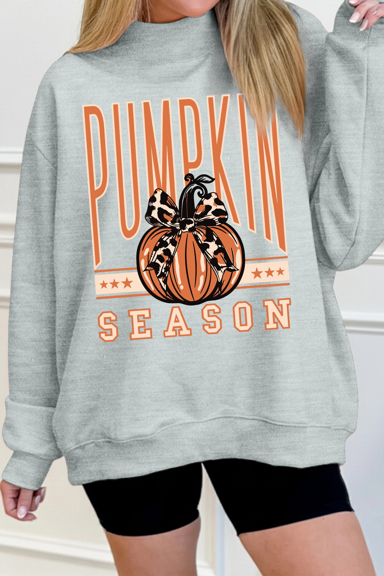 Gray Oversize Pumpkin Season Print Mock Neck Graphic Sweatshirt