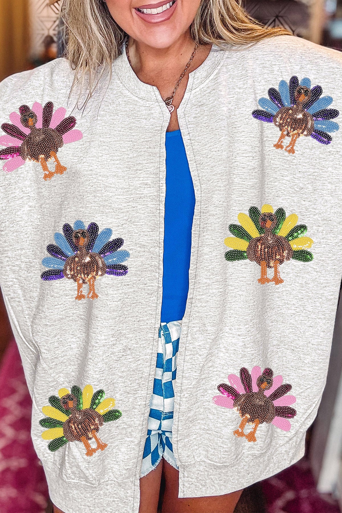 Light Grey Sequin Turkey Graphic Relaxed Open Front Sweatshirt
