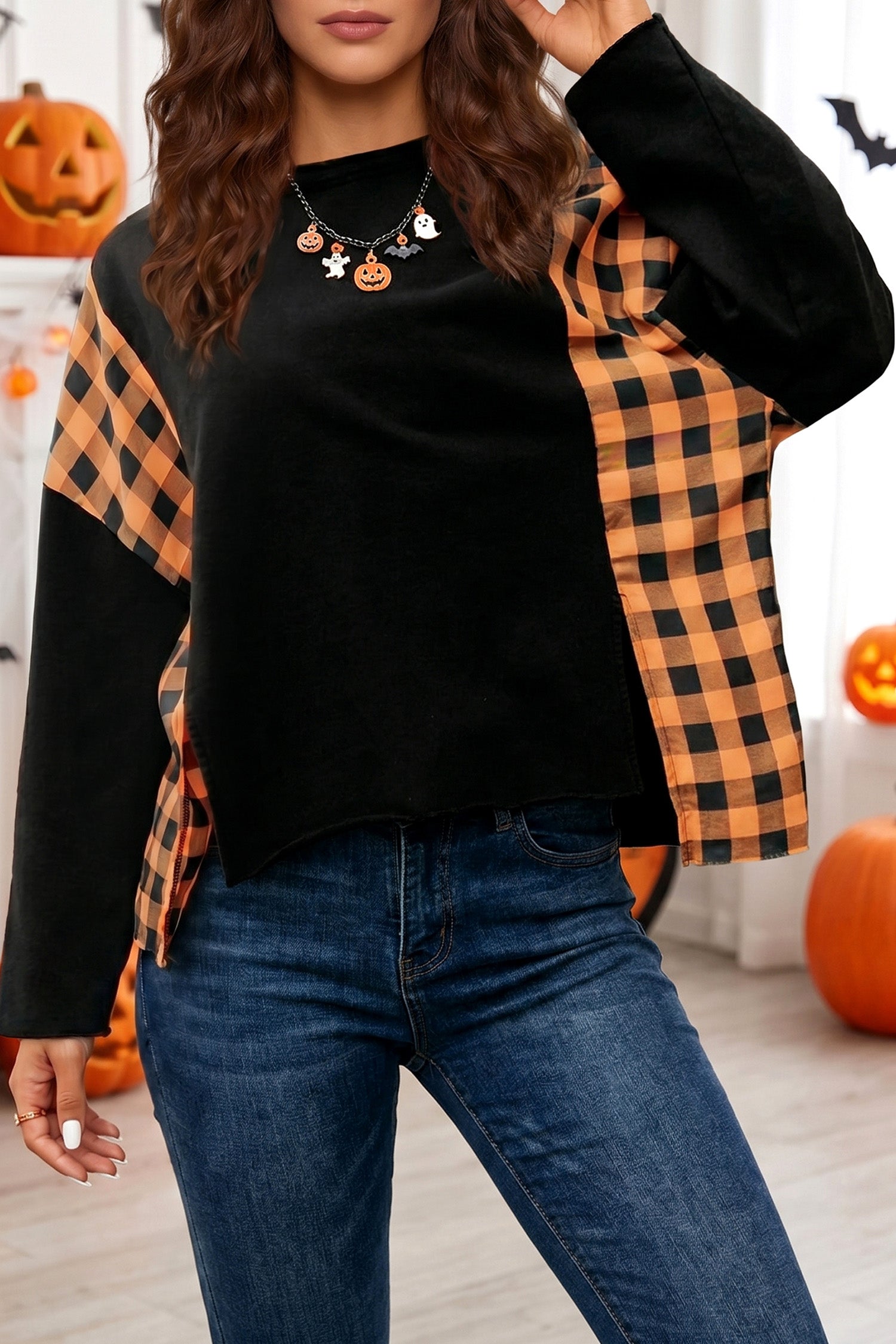 Black Patchwork Plaid Pumpkin Face Long Sleeve Top