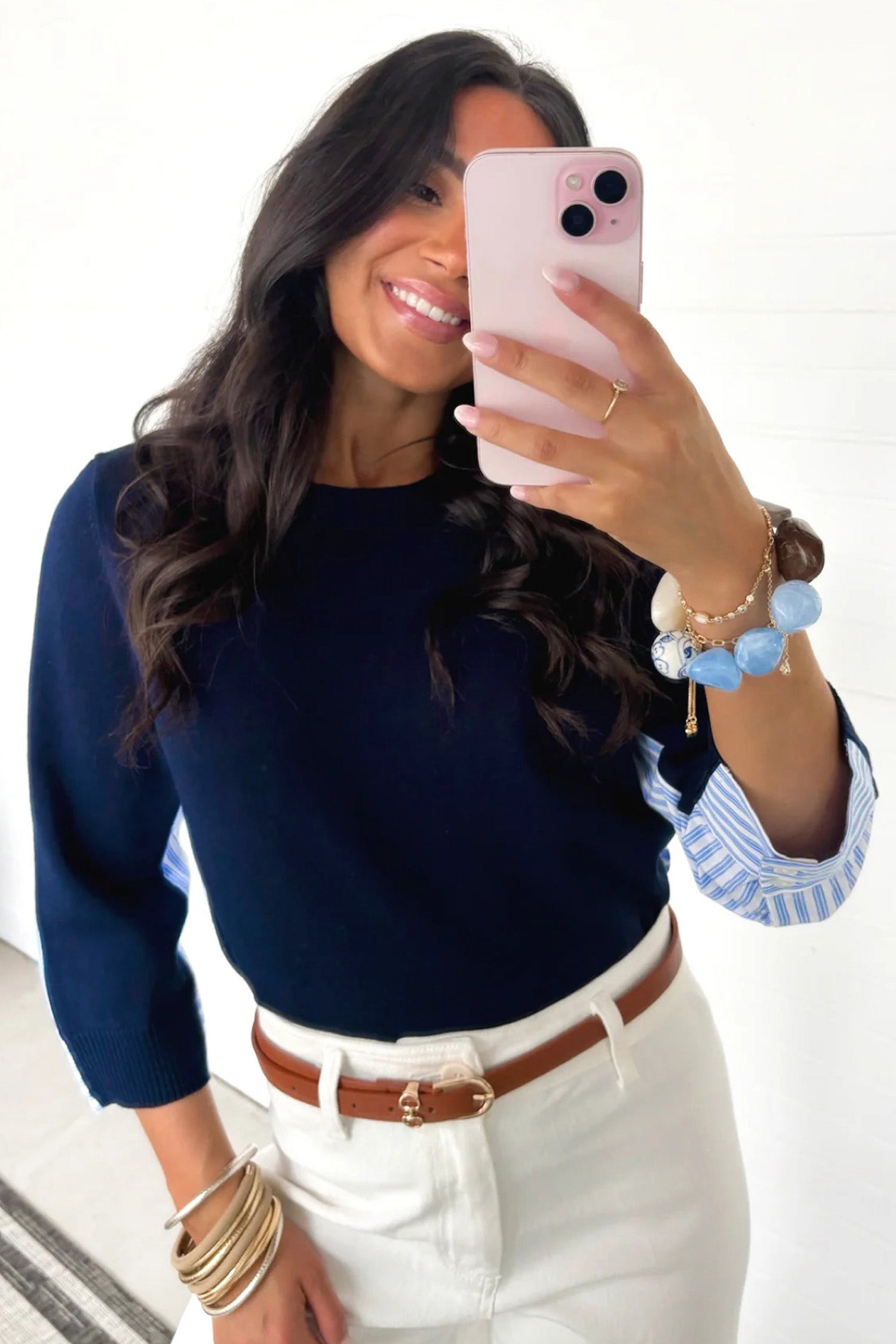 Navy Blue Drop Shoulder Long Sleeve Striped Pullover Sweater