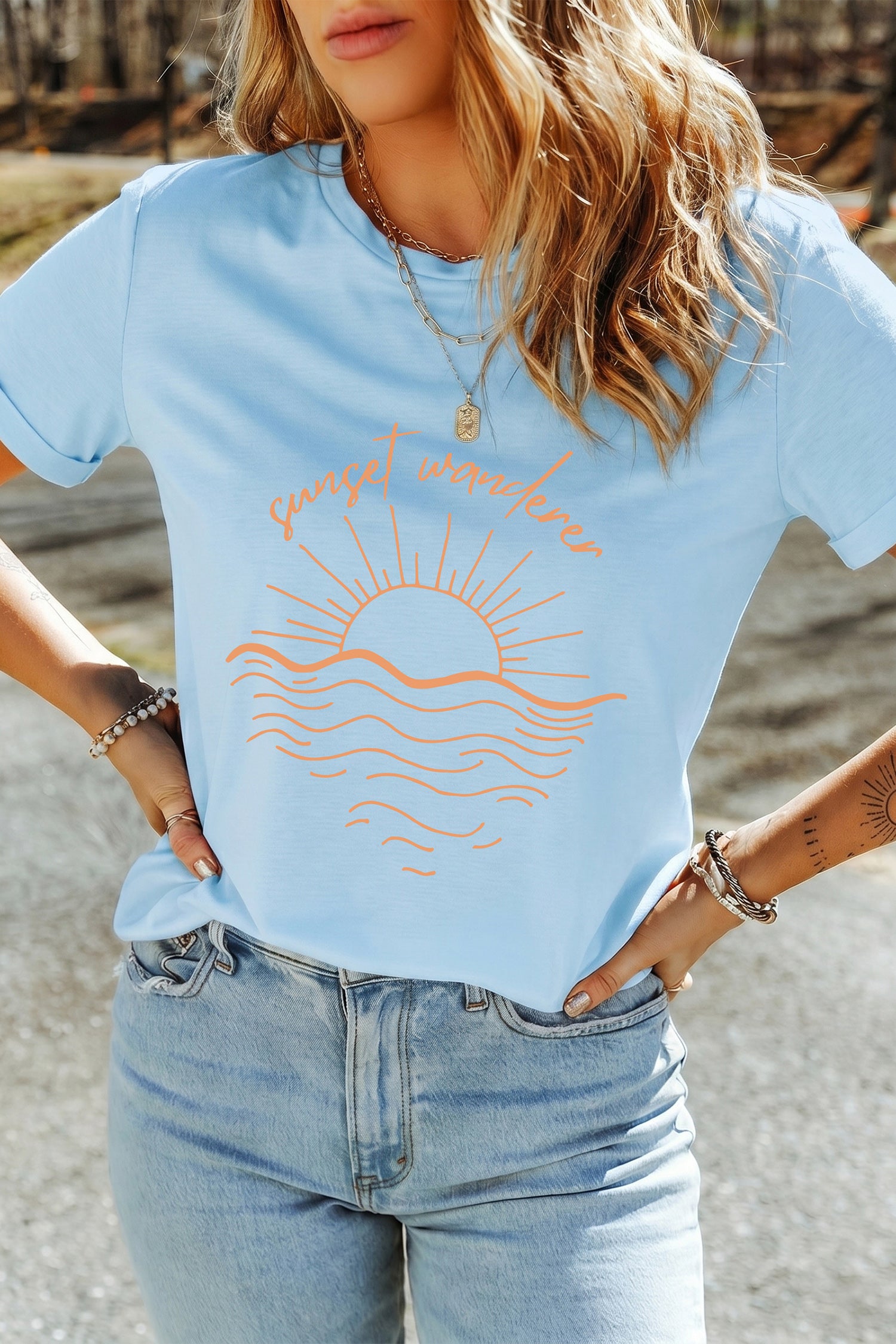 Light Blue Sunset Wanderer Loose Fit Graphic Tee