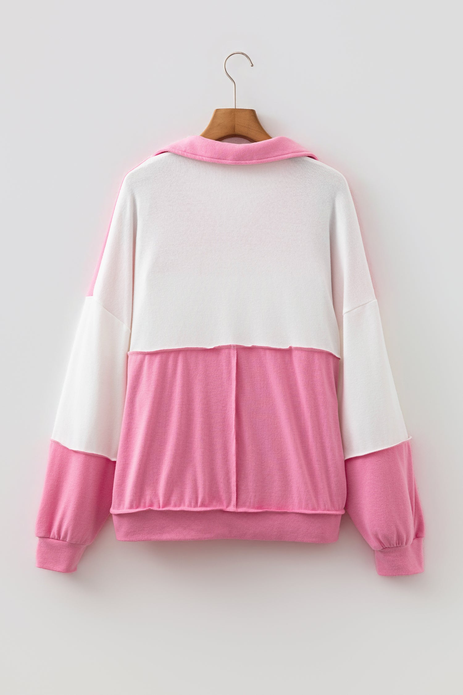 Rose Red Color Block Ricrac Trim Patchwork Collar V Neck Long Sleeve Top