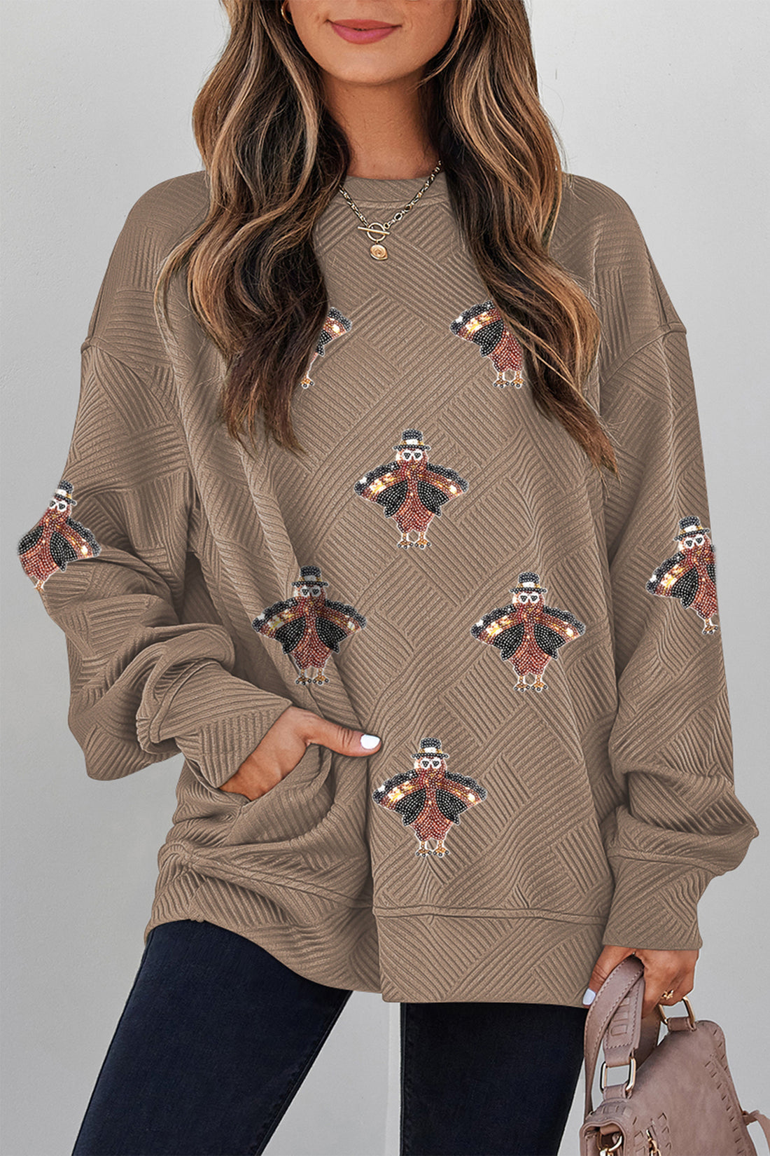 Parchment Trendy Textured Sequin Turkey Graphic Casual Pullover Sweatshirt