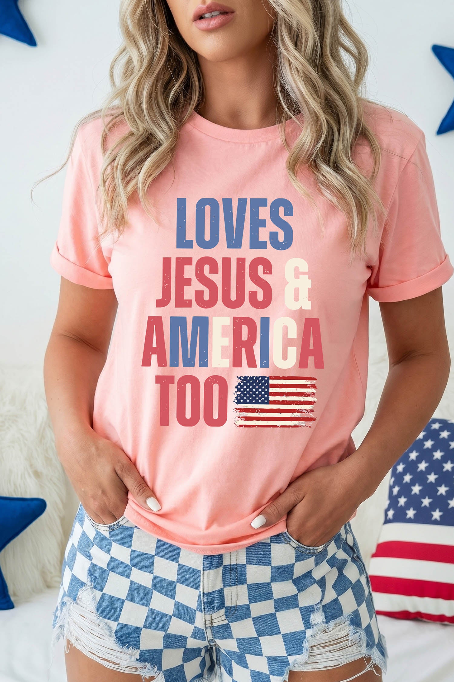 Pink LOVES JESUS & AMERICA TOO Patriotic Flag Graphic Tee