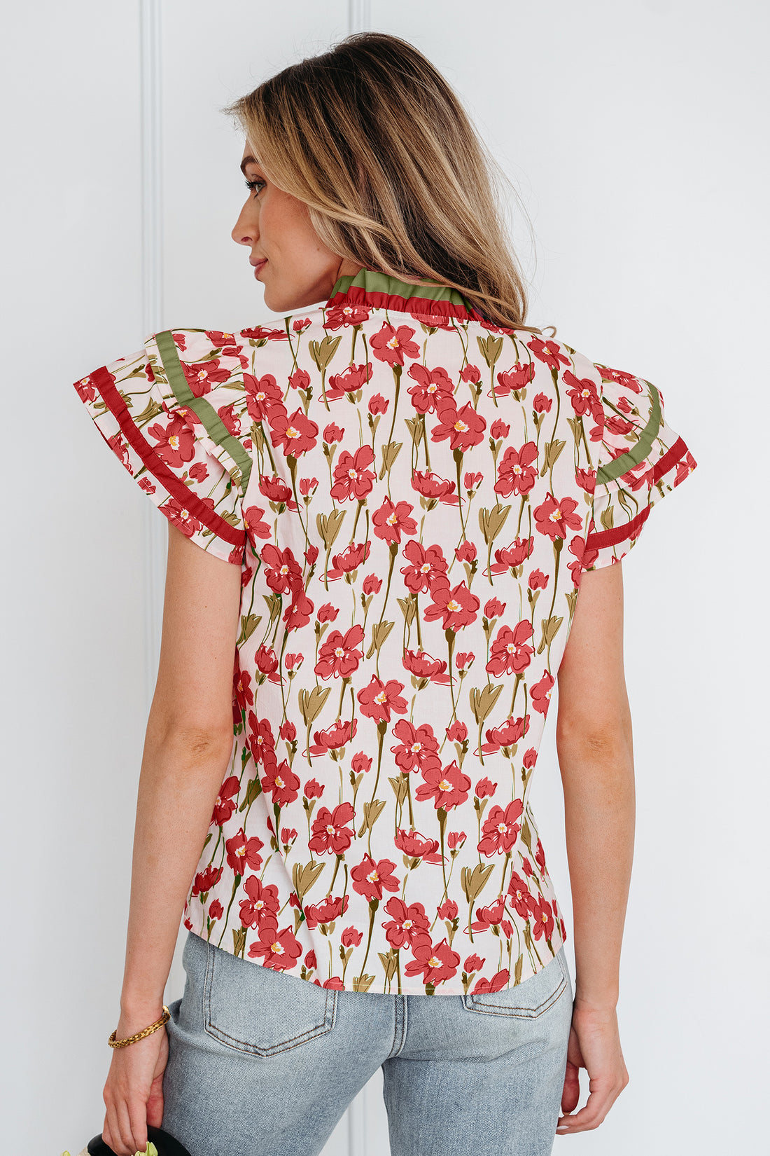 Red Floral Print Contrast Trim V Neck Double Ruffled Short Sleeve Blouse