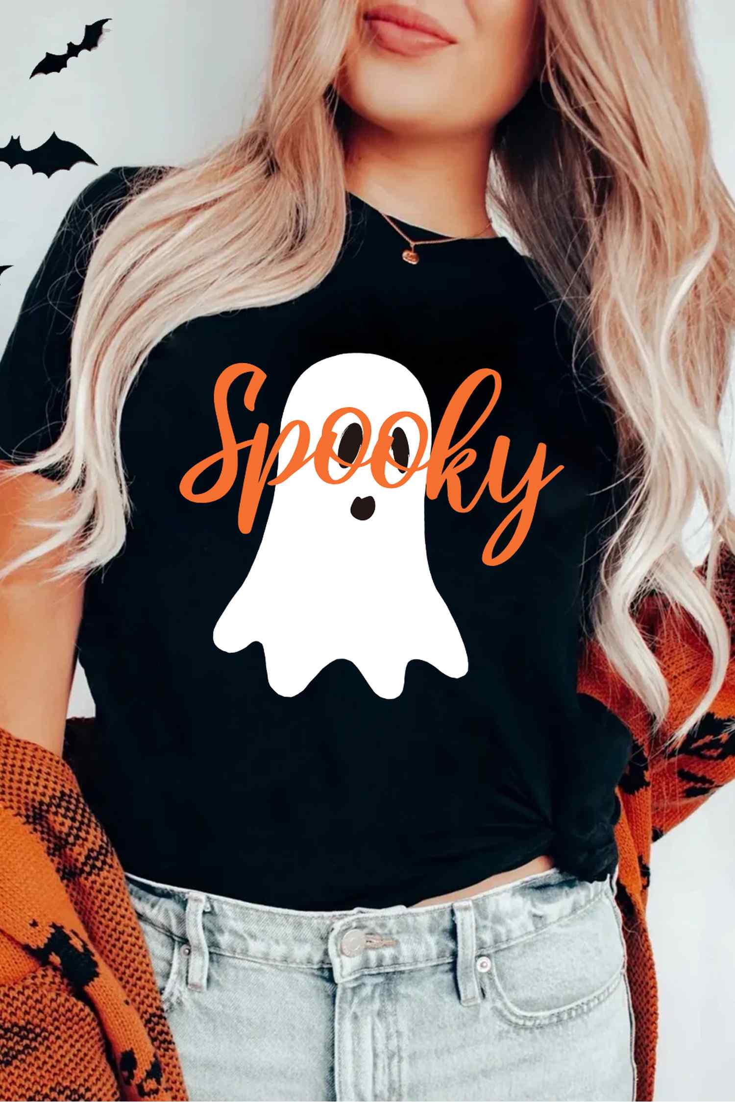 Black Halloween Ghost Spooky Print Graphic T-Shirt