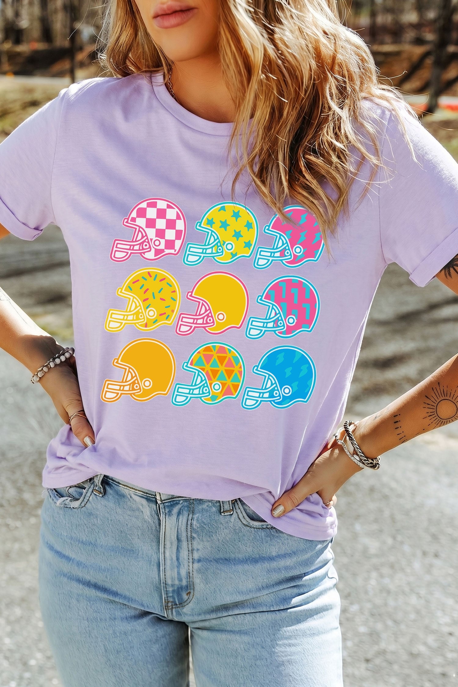 Orchid Petal Game Day Helmet Print Relaxed Crew Neck Tee