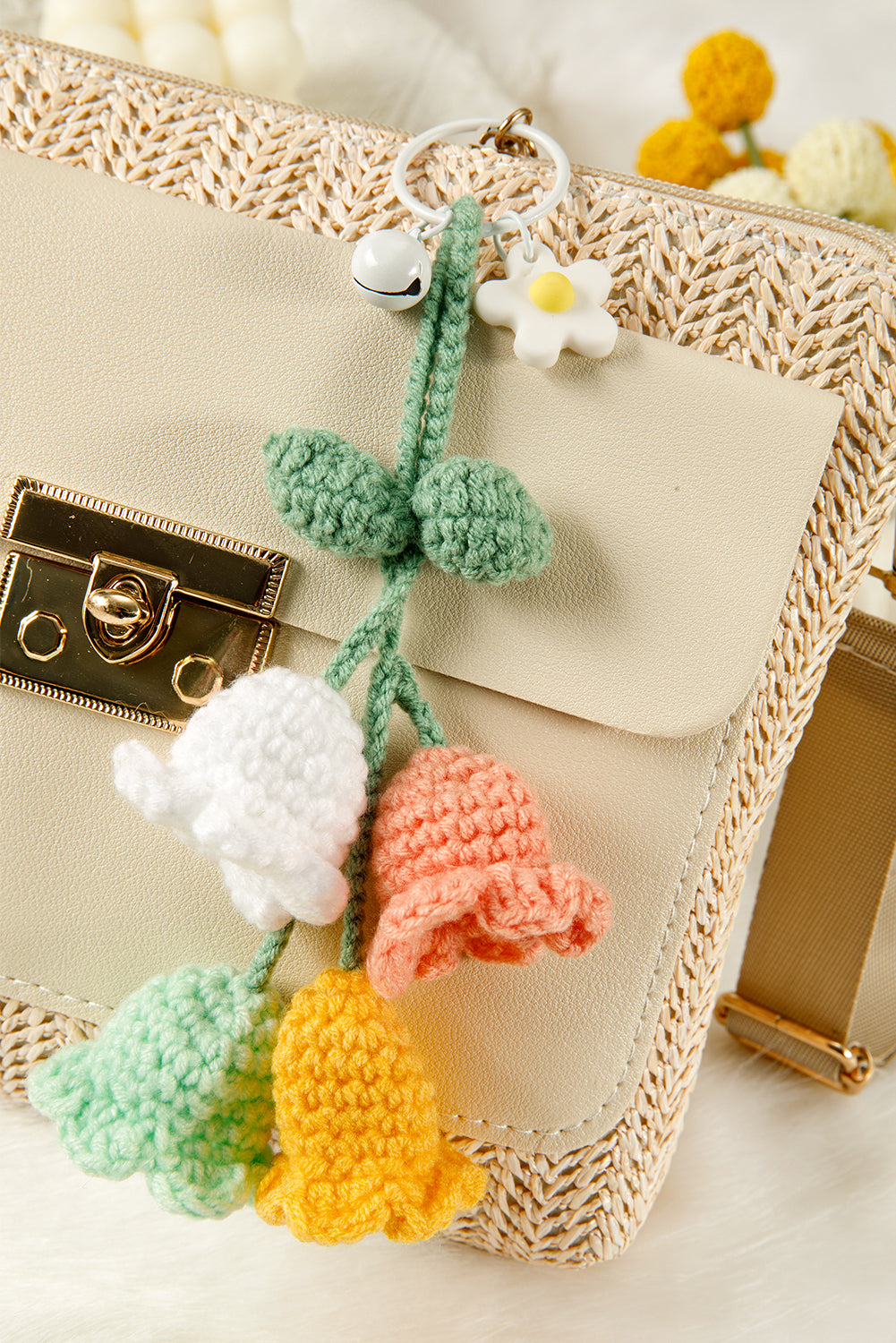 Meadow Mist Green Handmade Crochet Bell Orchid Flower Key Ring Bag Pendant