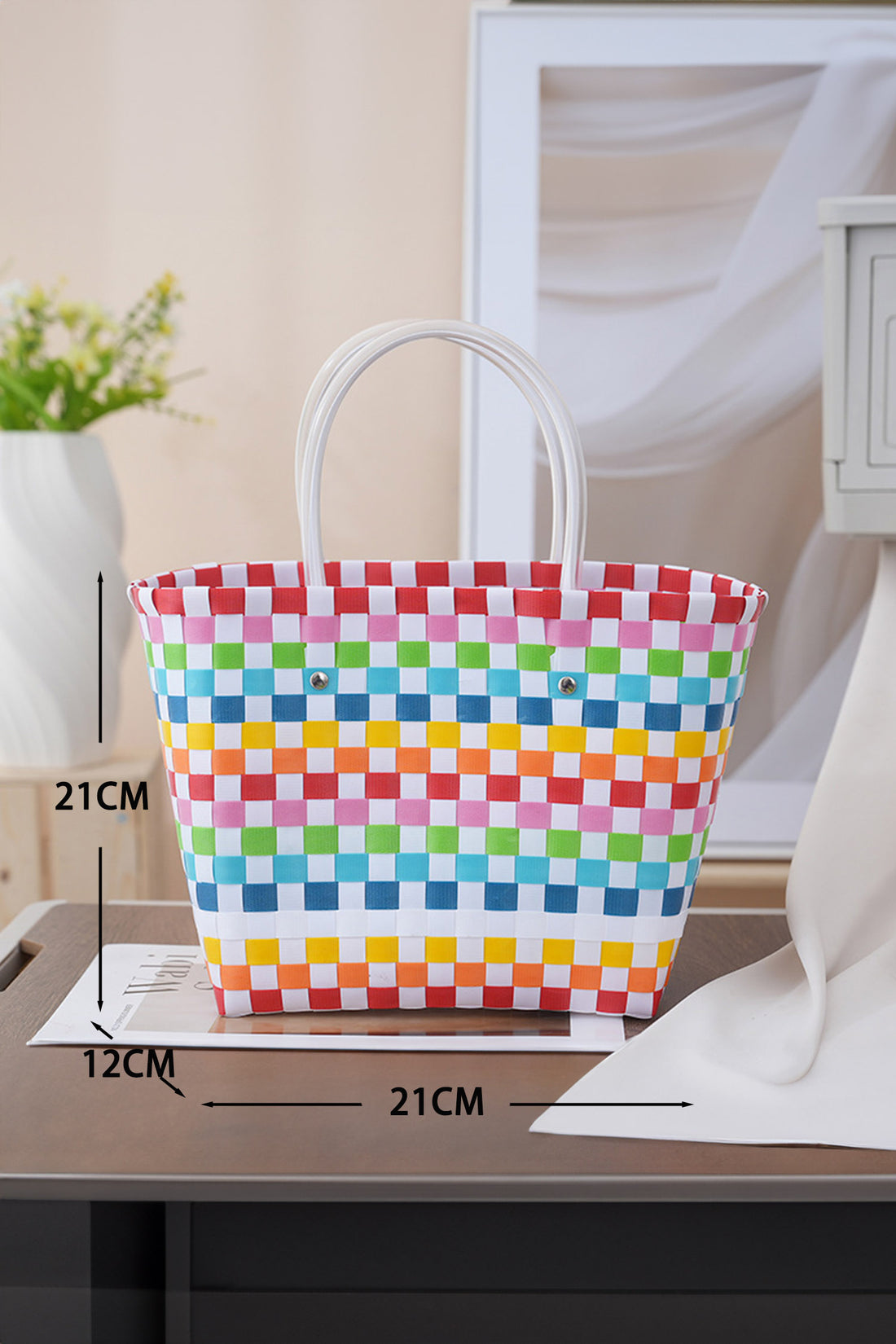 White Colorful Checkered Straw Woven Tote Bag