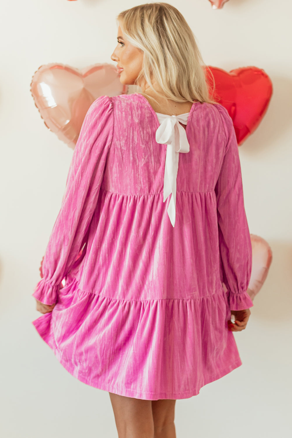 Pink Flounce Sleeve Tiered Ruffled Velvet Mini Dress