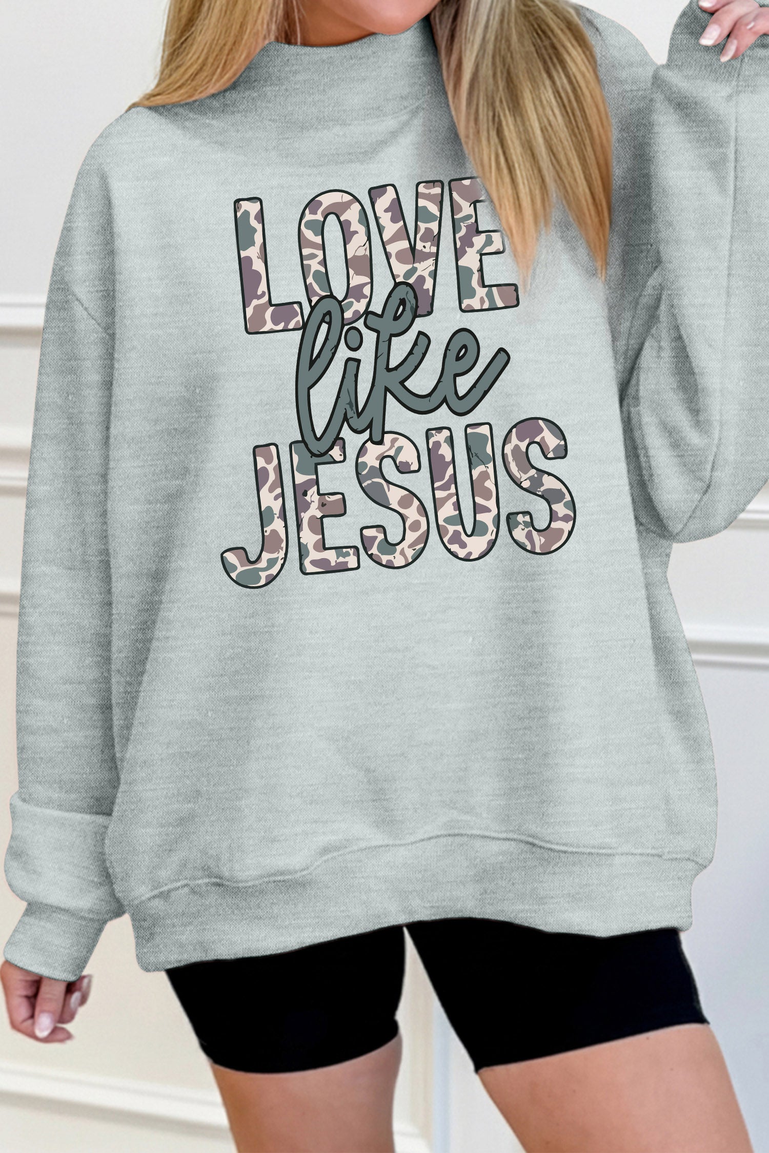 Gray Casual Camouflage Letter Print Faith Inspired Mock Neck Sweatshirt
