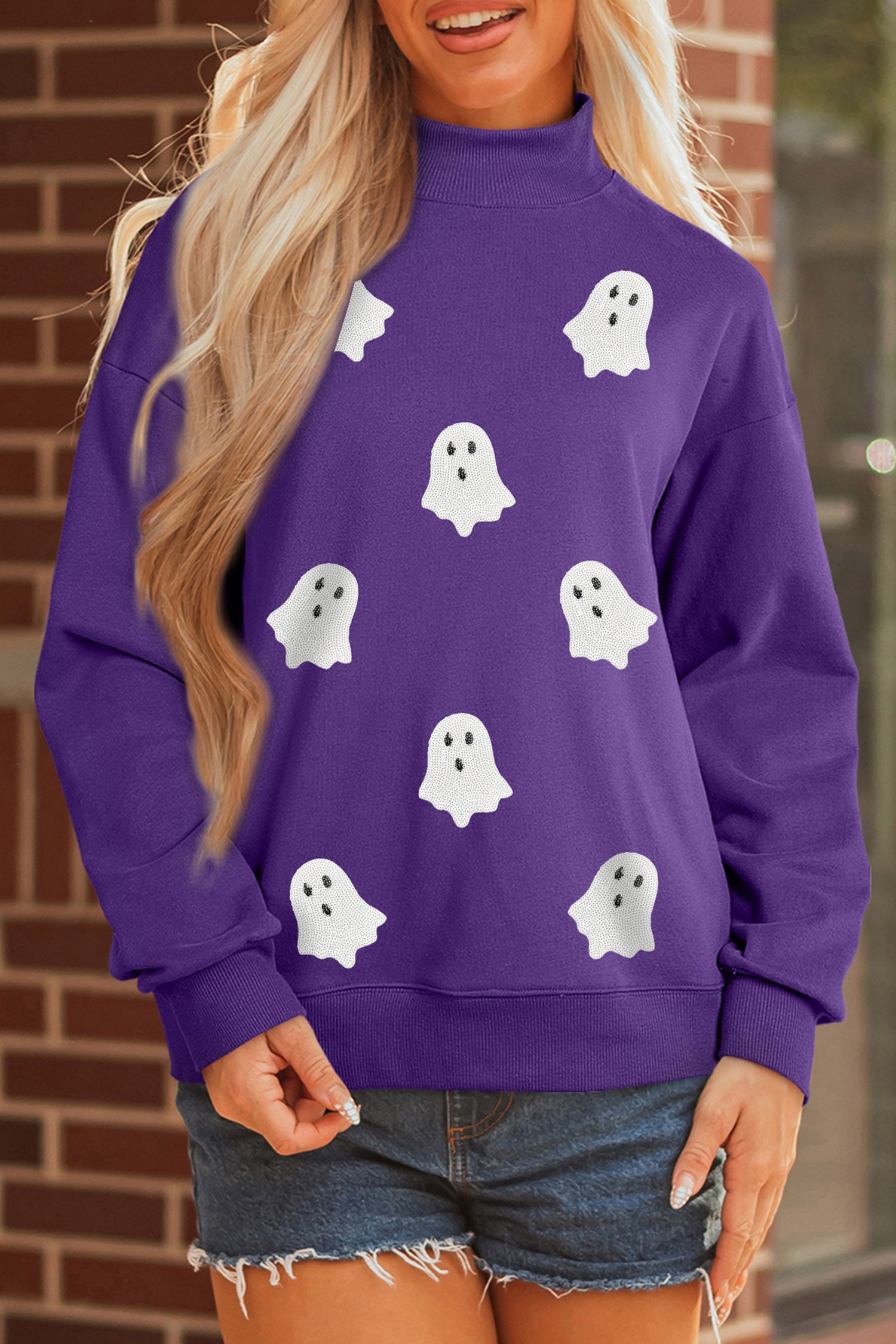 Tillandsia Purple Halloween Sequined Ghost Print Mock Neck Graphic Sweatshirt