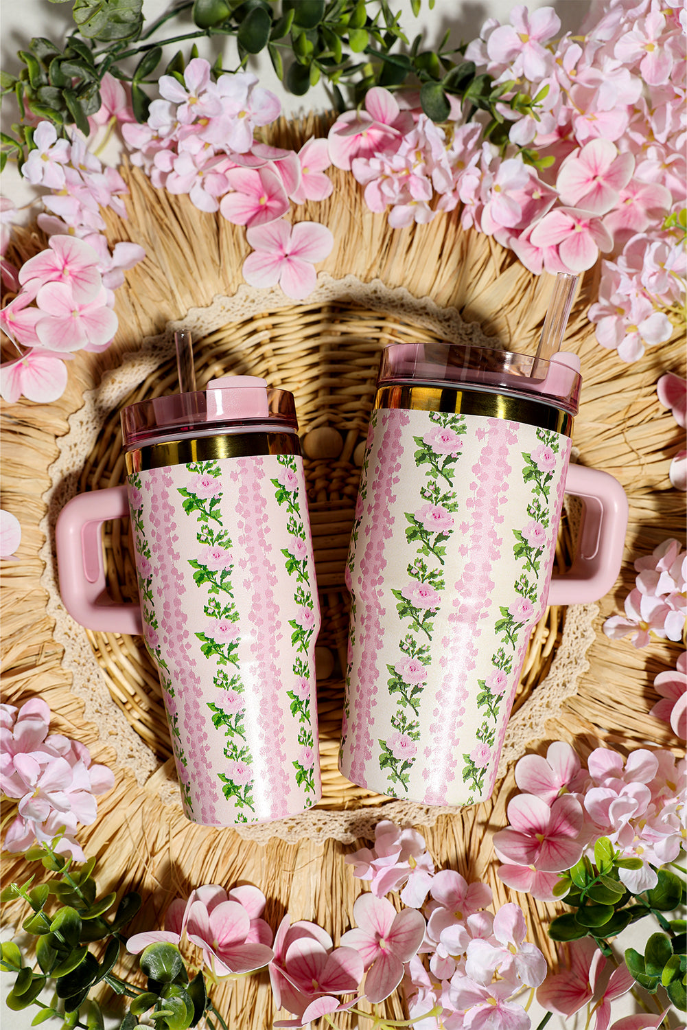 Pink 14/20 OZ Dainty Floral Print Stainless Steel Tumbler with Straw
