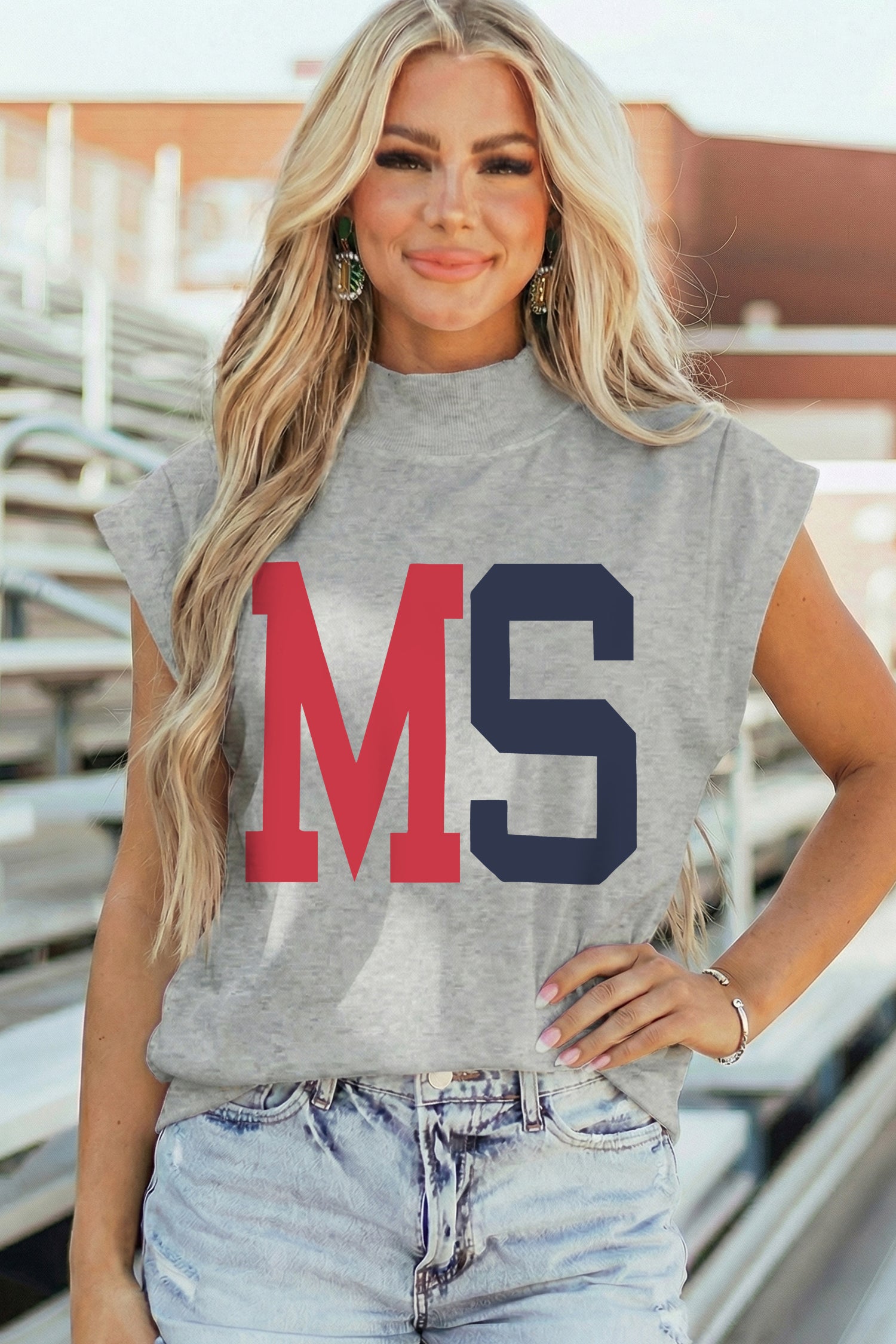 Light Grey MS/ MISSISSIPPI Double Side Printed Mock Neck Tee