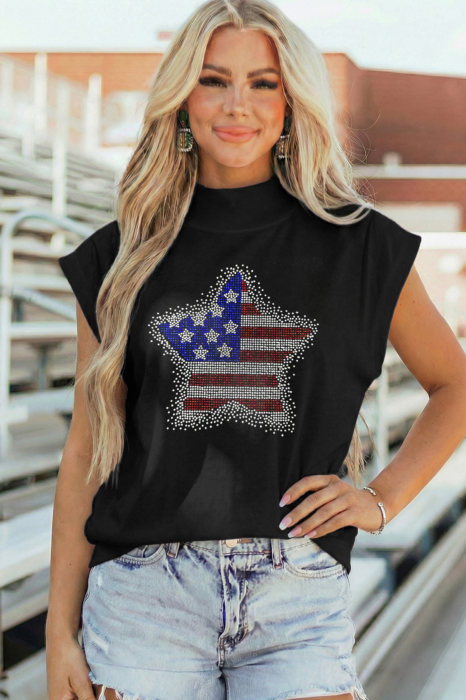Black Patriotic Rhinestone Star High Neck Short Sleeve Top