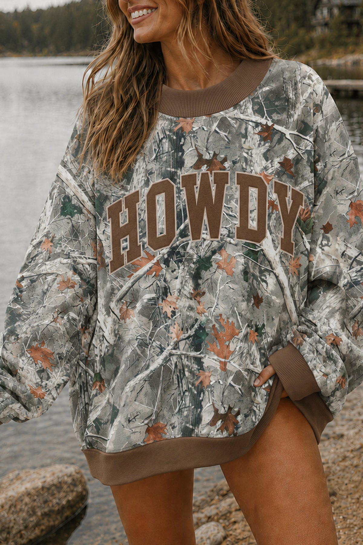 Gray Western Camo Letter Print Baggy Pullover Sweatshirt