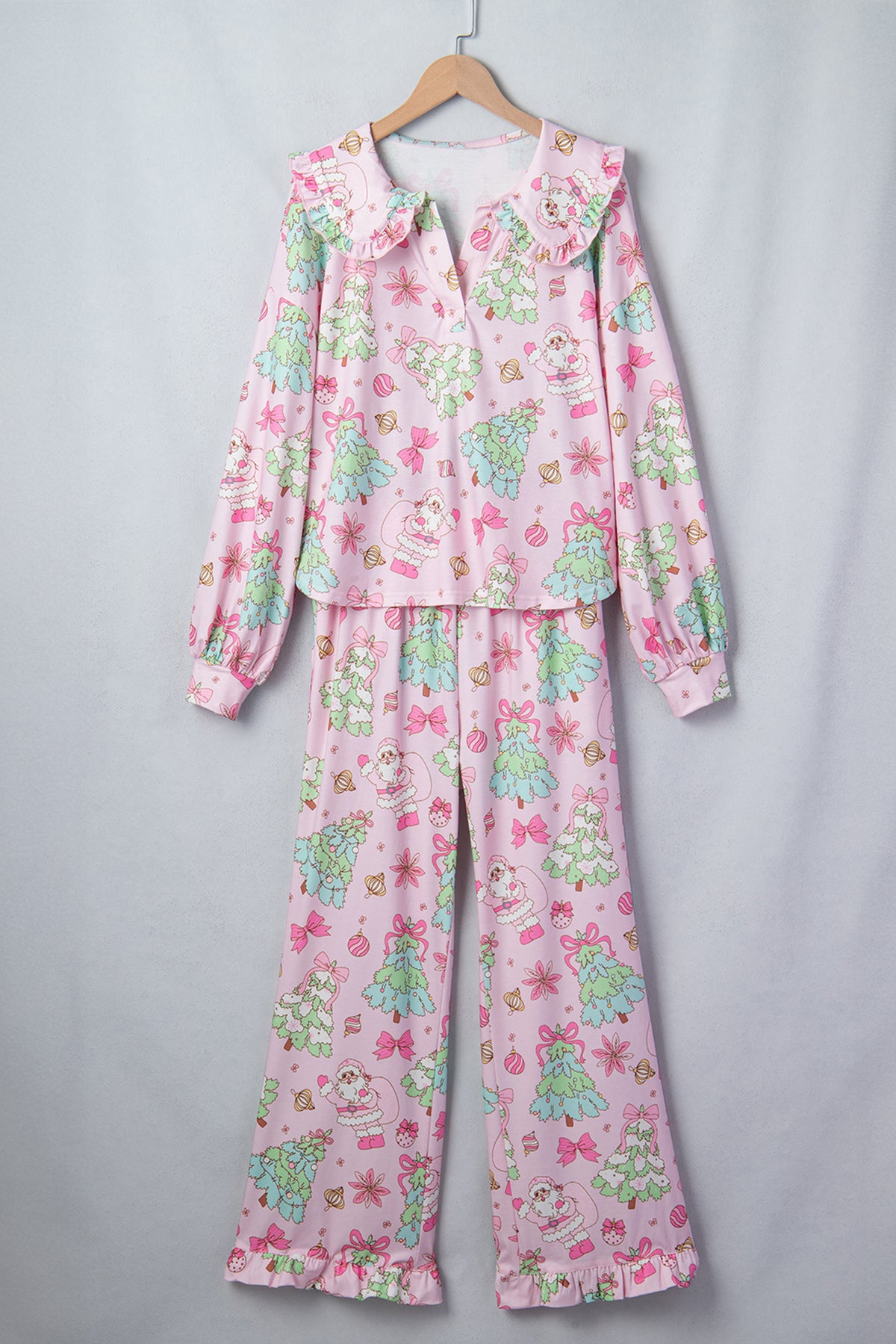 Pink Christmas Print Button Front Long Sleeve Lounge Set