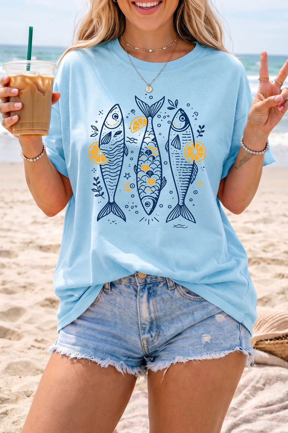 Light Blue Lemon Fishes Printed Loose T Shirt