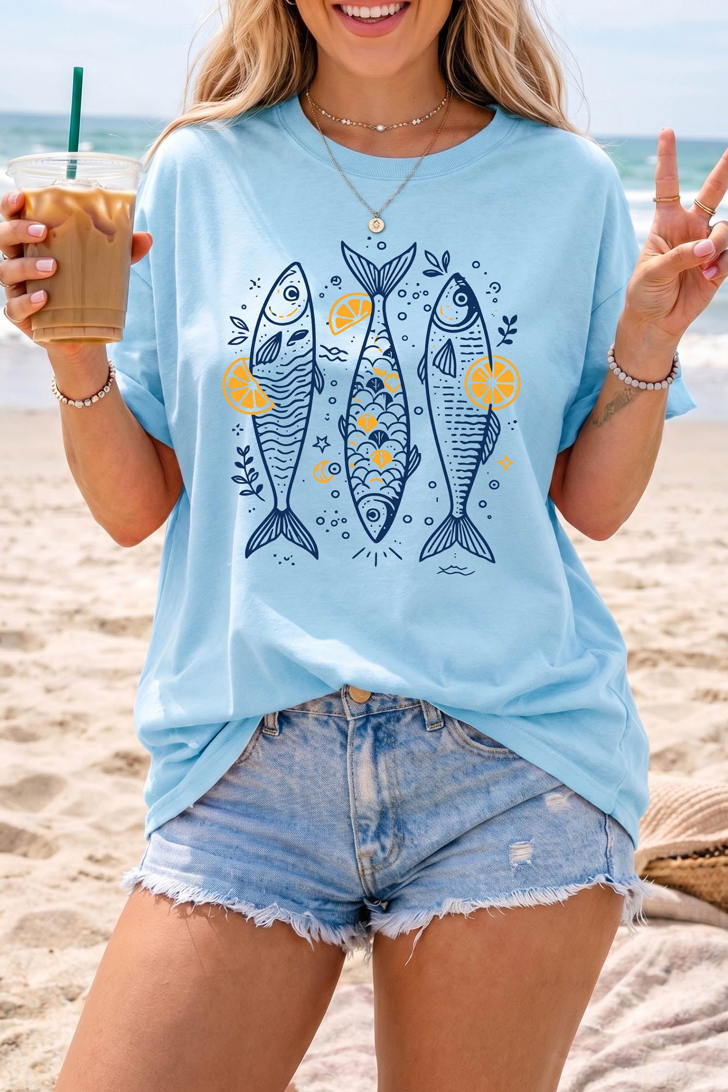 Light Blue Lemon Fishes Printed Loose T Shirt