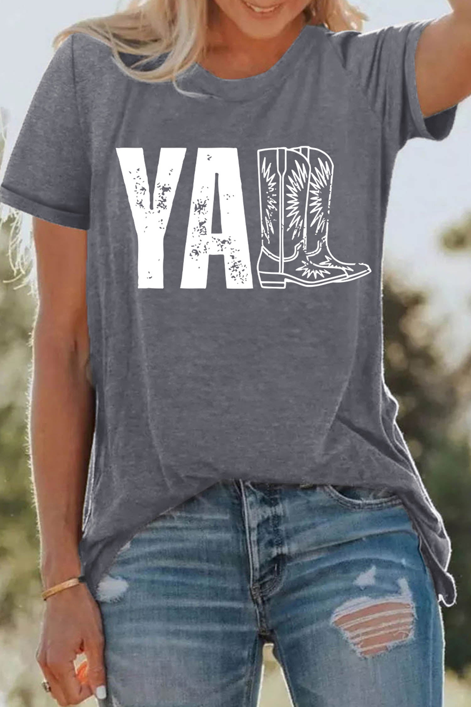 Gray Western YALL Boots Print Round Neck Casual T Shirt