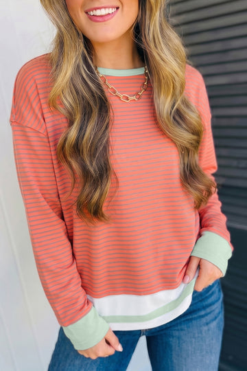 Orange Stripe Colorblock Detail Raw Seam Long Sleeve Top