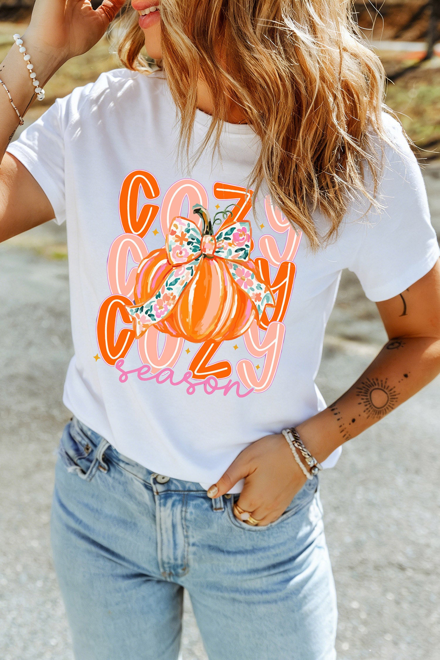 White Cozy Season Pumpkin Graphic Round Neck T-Shirt
